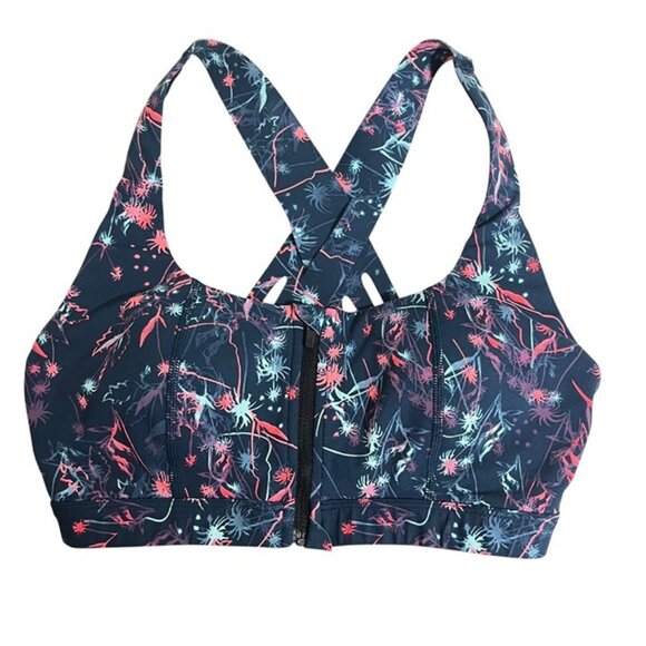 Sweaty Betty Circuit sports bra S front zip cross back blue pink patterned - Picture 1 of 8